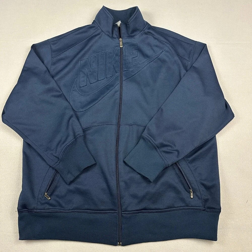 Vintage Nike Jacket Men 2XL Navy Blue Full Zip Big Debossed Logo Spellout Y2K *